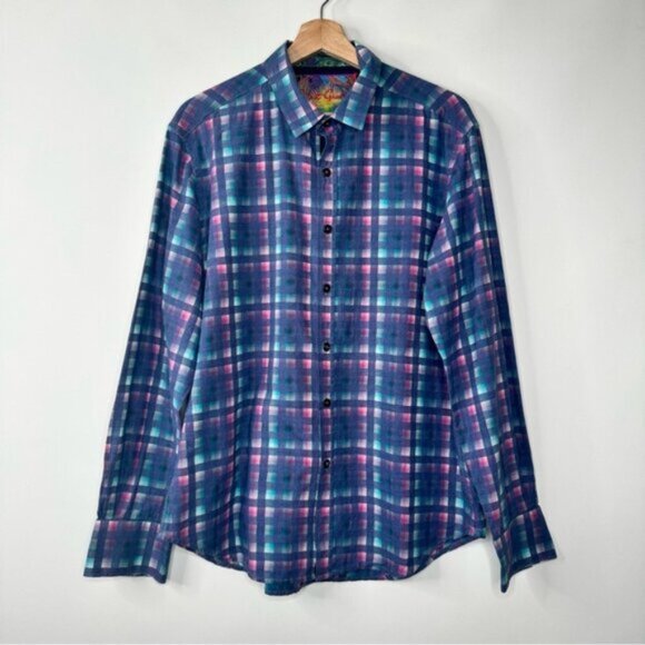 Robert Graham Mens Shirt Button Up Paisley Flip Cuff Blue Pink Checkered Size L - Picture 1 of 9